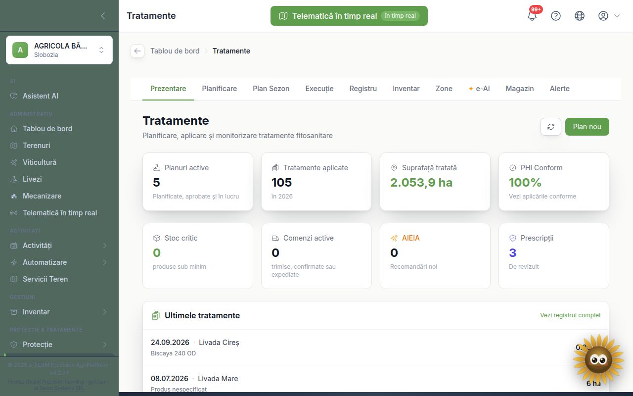 Modulul Tratamente: planuri, registru, inventar fitosanitar